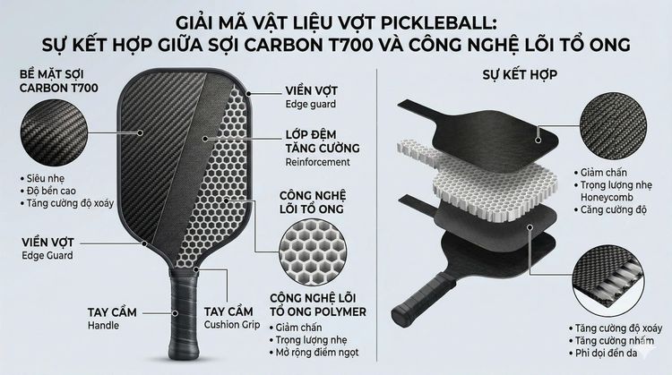Giải Mã Vật Liệu Vợt Pickleball: Sự Kết Hợp Giữa Sợi Carbon T700 Và Công Nghệ Lõi Tổ Ong